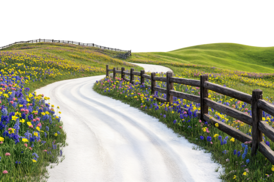 Curved road with wooden fence and colorful flowers isolated on transparent background