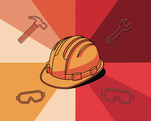 2d vector colorful poster for labor day , work industry equipment , worker , safety .
