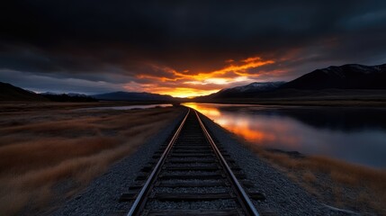 Obraz premium Dramatic sunset over tranquil river, railway tracks stretching into distance