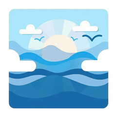 A serene illustration of a sun setting over gentle ocean waves, with birds flying in the clear sky, perfect for relaxation and tranquility themes , isolated on white or transparent png