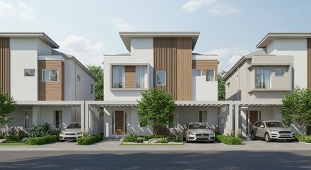 3D Rendered of Exterior view of modern, stylish homes in a residential development with cars parked in front. Perfect for showcasing property sales, investment opportunities, and new construction