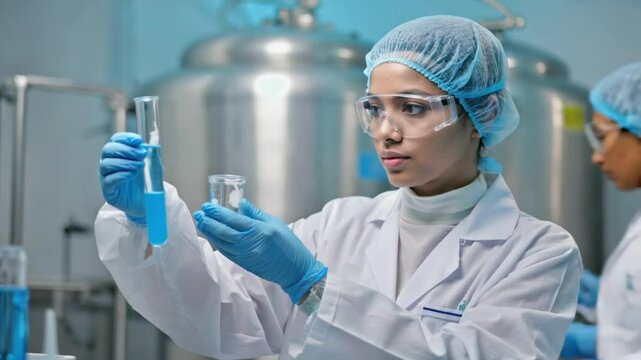 Scientist examines test tube in industrial lab