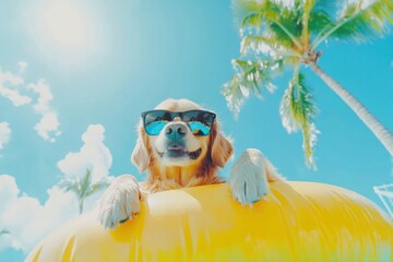 Dog in sunglasses, relaxing on a yellow float under sunny skies with palm trees