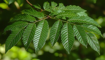 Close-up of vibrant green leaves on a branch.