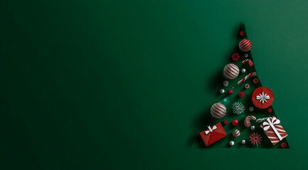 A green background with a Christmas tree shape made of ornaments and a gift box, in a paper-cut style, with a minimalistic design and simple shapes