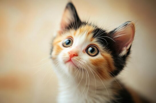 A calico kitten, staring up with its big eyes, surrounded by