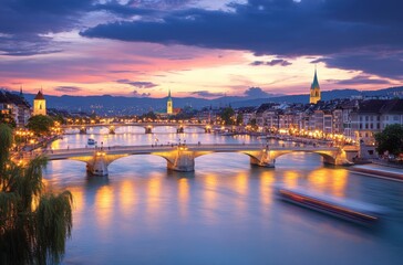 Obraz premium A capital city bridge at dusk, beautifully lit