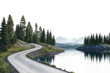 Curved road along a peaceful lake surrounded by lush pine trees and mountains isolated on transparent background