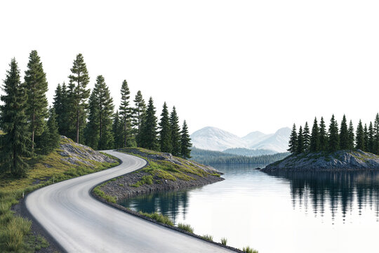 Curved road along a peaceful lake surrounded by lush pine trees and mountains isolated on transparent background