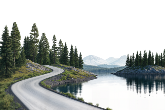 Curved road along a peaceful lake surrounded by lush pine trees and mountains isolated on transparent background - Powered by Adobe