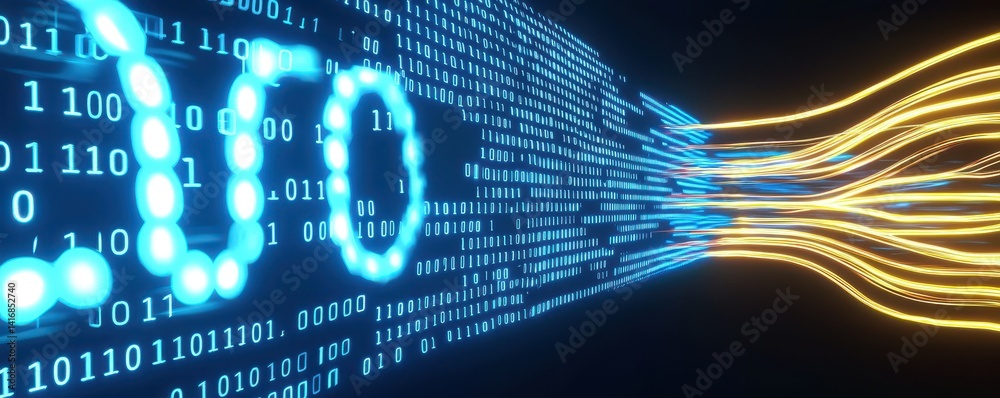 Poster a futuristic digital representation of binary code with glowing elements, suggesting technology and 