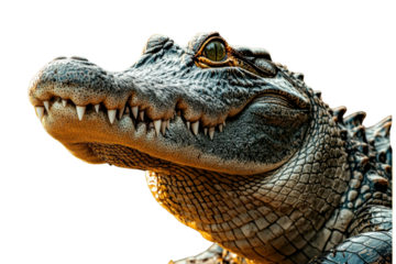 A stylized, mosaic-like illustration of a crocodile or alligator with geometric shapes in shades of blue, red, and orange, surrounded by colorful dots on a transparent background.