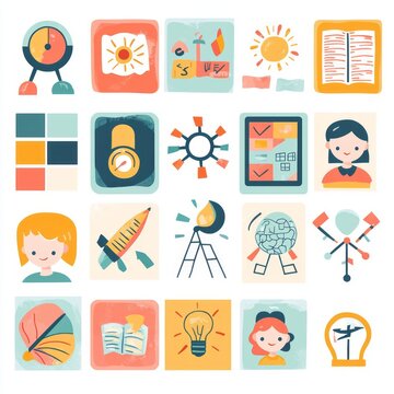 Colorful illustrated icon set representing executive function challenges in children, including focus, memory, organization, and self-regulation. AI generative.
