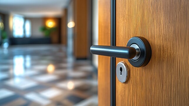 Modern interior door, open slightly, revealing a spacious lobby