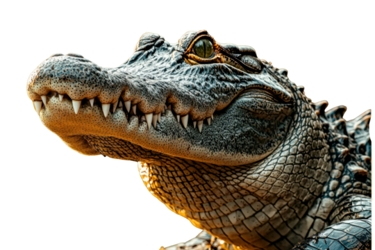 A stylized, mosaic-like illustration of a crocodile or alligator with geometric shapes in shades of blue, red, and orange, surrounded by colorful dots on a transparent background.