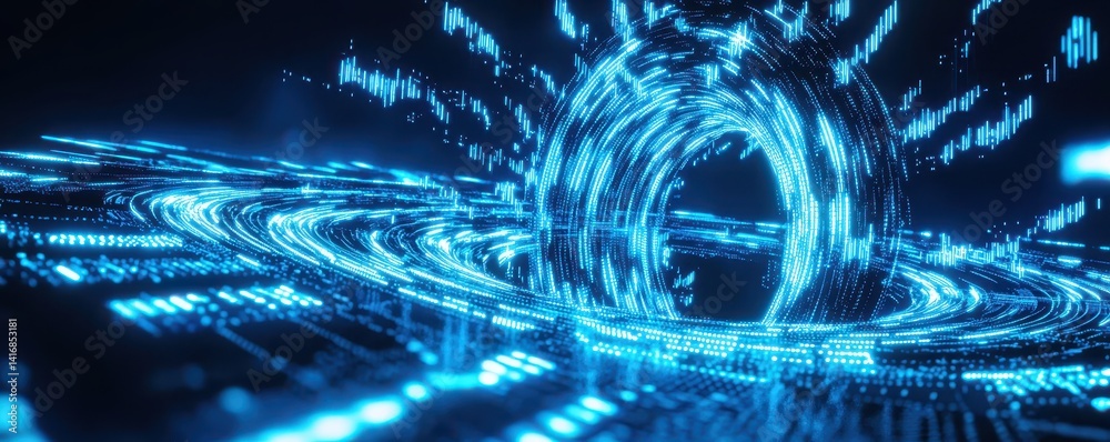 Fototapete A digital representation of a swirling vortex, glowing in blue, with dynamic data-like patterns suggesting movement and energy.
