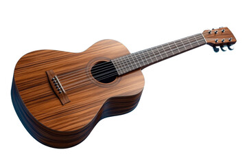 Fototapeta premium A wooden acoustic guitar with a striped grain pattern, six strings, and a soundhole, angled slightly on a transparent background.
