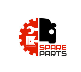 Automobile vehicle repair service spare part company icon. Transportation industry spare parts vector icon, auto garage equipment sign. Vehicle repair service emblem with engine piston and cog wheel