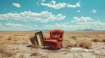 Fototapeta premium Red vintage armchair in an arid desert landscape