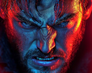 Intense close-up portrait of a man's face in vibrant lighting.