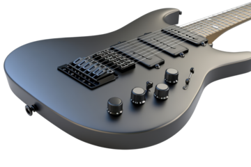 A sleek, matte black electric guitar with black hardware, including pickups, bridge, and knobs, is angled against a transparent background.