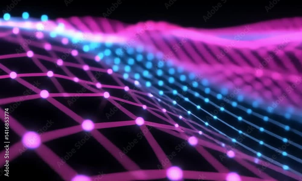 Poster dynamic scene of neon lines moving smoothly through a 3d grid with purple and blue colors on a black