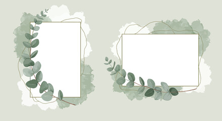 Eucalyptus leaf frames with watercolor green accents minimal botanical design flat vector art