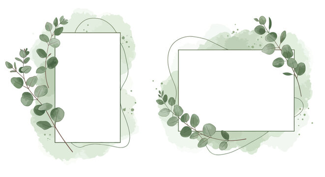Green eucalyptus leaf frames with watercolor style background and delicate dotted lines minimal vector illustration