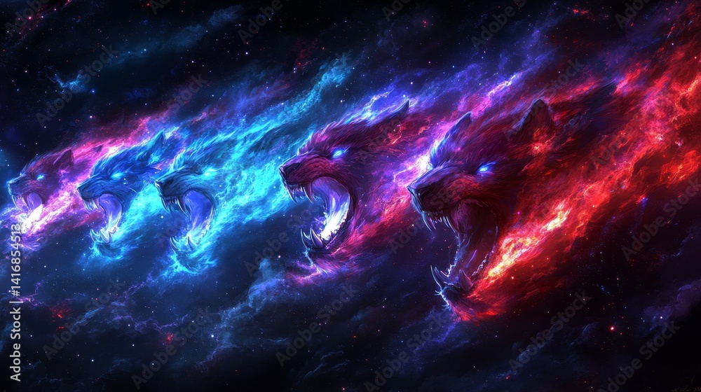 Wall mural cosmic phenomenon involving wolf-shaped celestial bodies with vivid colors and intricate details in 