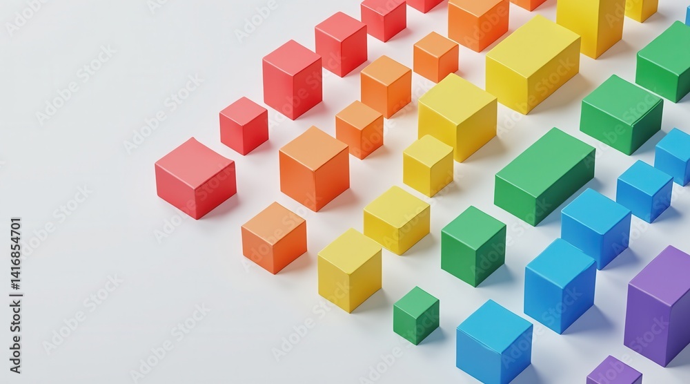 Poster colorful 3d cubes arranged in a gradient pattern on a white background.