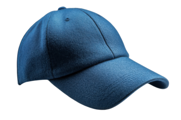 A classic six-panel baseball cap in a textured blue fabric is presented on a transparent background.