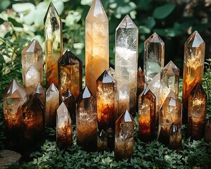 Collection of  faceted quartz crystals in various shades.