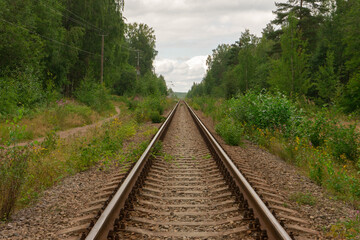 Fototapeta premium Railway Tracks in Leningradskaya Oblast, Tarasovskoye, Belyanskoye Lake, Tranquil Mood, Stretching Through Green Forest Landscape
