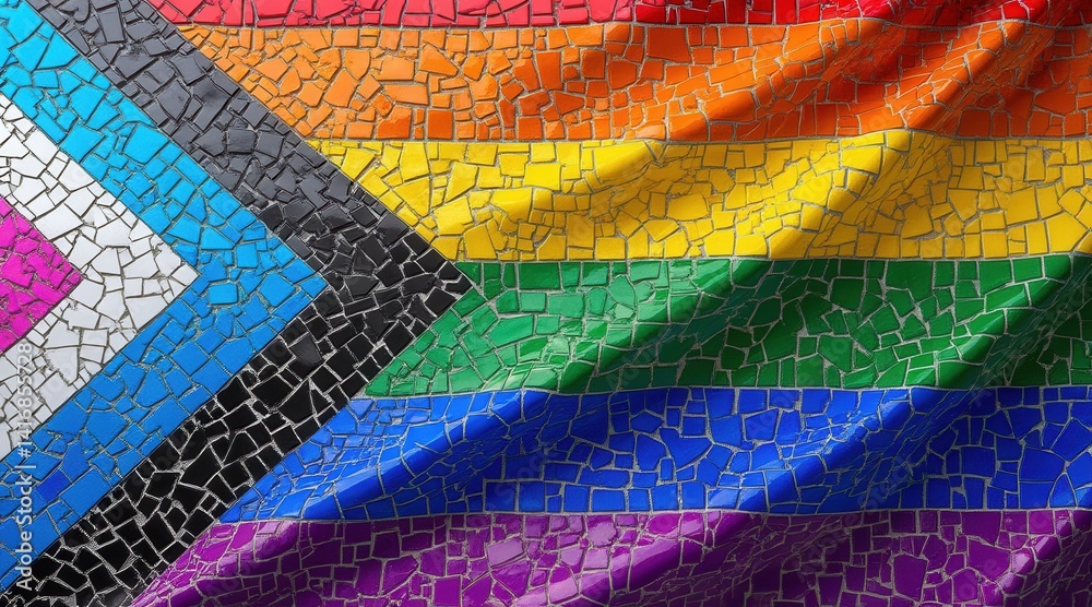 Poster mosaic design featuring a vibrant rainbow flag pattern.