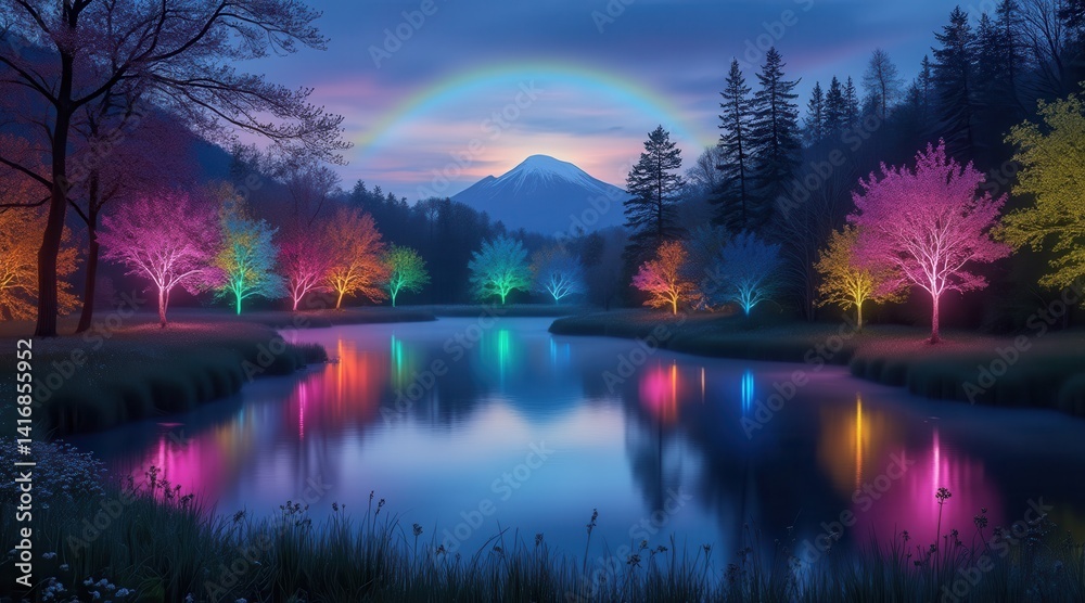 Poster A serene landscape with colorful trees and a rainbow over a reflective lake.