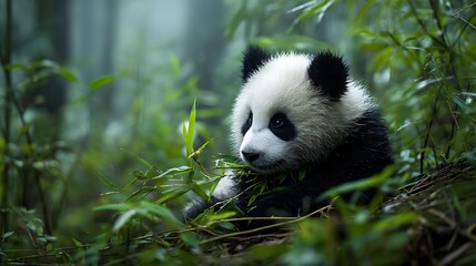 Fototapeta premium Cute panda cub in bamboo forest