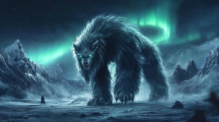 A giant mythical creature standing in a snowy landscape under an aurora borealis