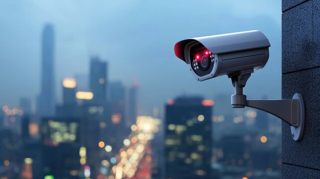 Security camera overlooks city at night with blurred lights and buildings