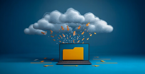 A laptop on a blue background with white clouds and orange arrows around it, with clouds of data flowing out of the laptop screen, representing the concept of cloud file sharing