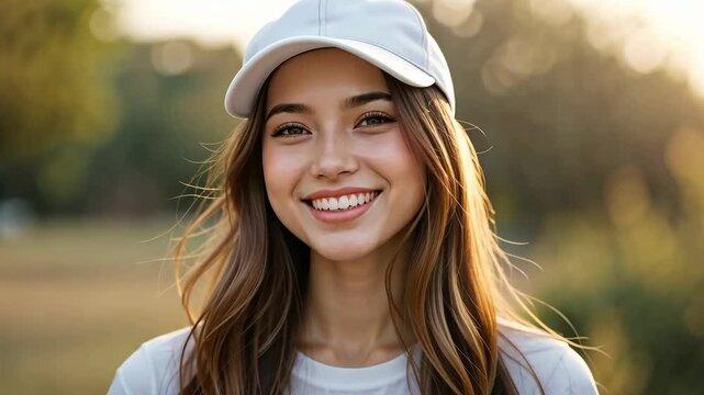 A young woman, sporting a bright white baseball cap and a crisp white t-shirt, beams with happiness, her eyes twinkling as she poses outdoors against a soft, blurred backdrop, a perfect concept