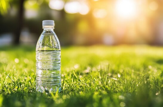 A chilled water bottle placed on green grass with the sun