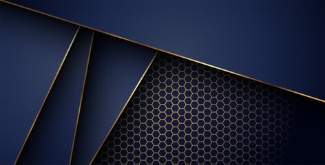luxurious dark navy gold line overlap background with hexagon mesh pattern combination. elegant modern technology futuristic background. eps10 vector