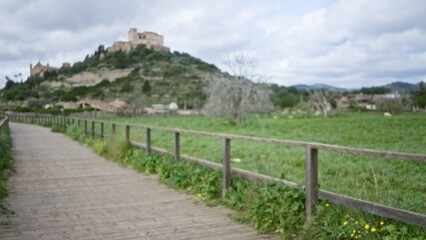 Fototapeta premium Blurred view of a scenic pathway leading to a historic hilltop castle in arta, mallorca, with lush greenery and wooden railings in an atmospheric defocused setting.