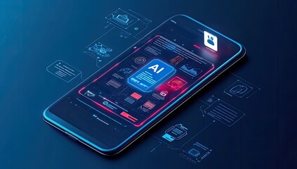 A smartphone with a futuristic interface showcasing AI technology