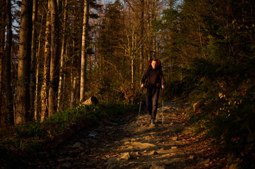 Naklejka premium Fully equipped hiker enjoying sunrise early in the morning in the mountains. Hiker man with backpack hiking in spring forest. Hiking concept. A young traveler with a backpack walk through the woods.