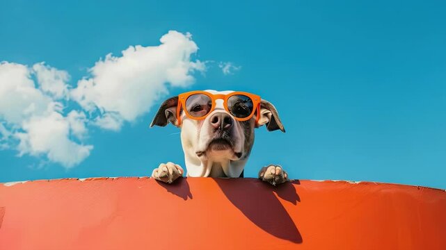 a dog in black glasses. Selective focus