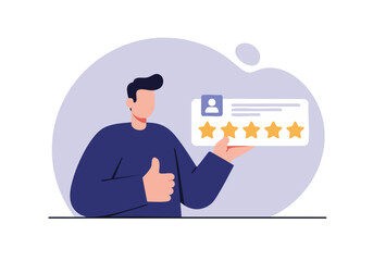 A man holds a card with five-star ratings and gives a thumbs-up. Modern, flat illustration. Perfect for reviews, feedback, and positive experiences.
