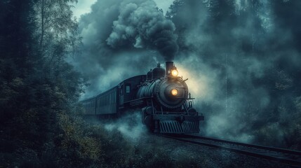 A vintage steam train moves through a misty forest at night.
