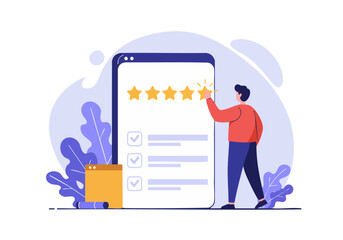 Man taps a five-star rating on a smartphone screen. Checklist icons indicate completion. Modern, clean design. Perfect for reviews, feedback, and satisfaction concepts.
