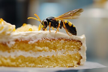 Close-up of wasp on slice of creamy cake with frosting